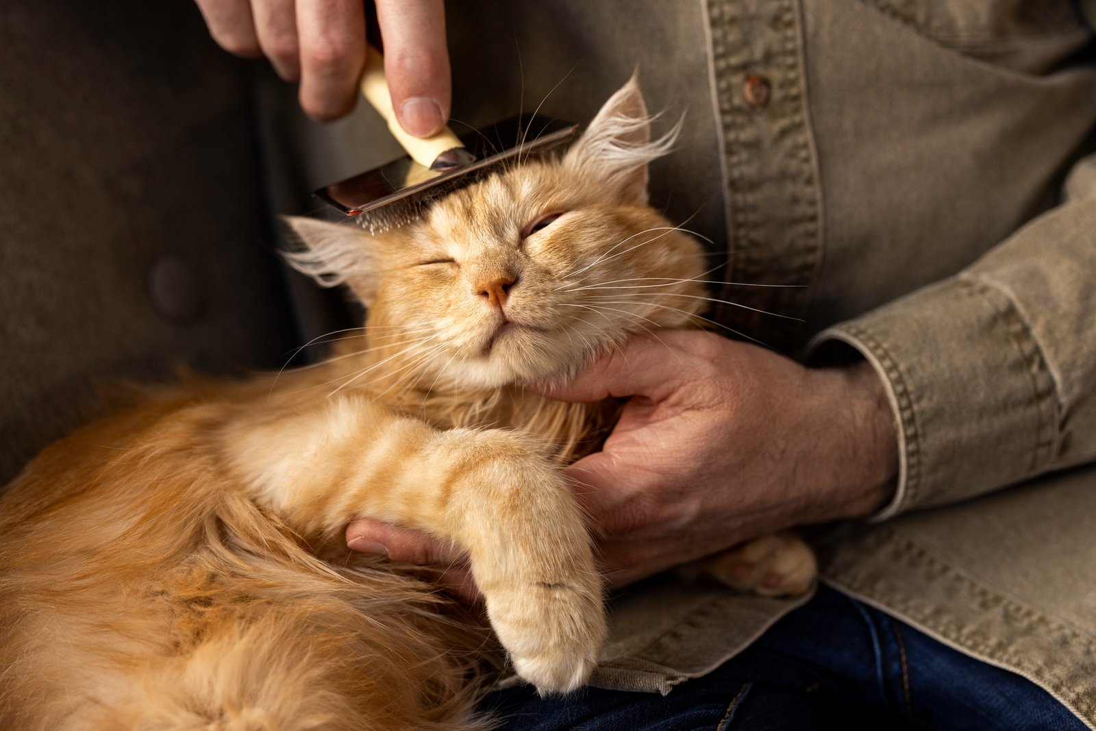 Groomer gently handling a happy cat