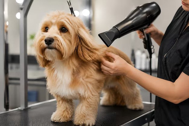 Groomer gently handling a happy dog